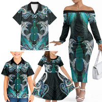New Zealand Kotiate Weapon Family Matching Off The Shoulder Long Sleeve Dress and Hawaiian Shirt Aotearoa Mango Paua Shell Maori Pattern LT22 - Polynesian Pride