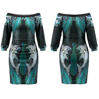 New Zealand Kotiate Weapon Family Matching Off The Shoulder Long Sleeve Dress and Hawaiian Shirt Aotearoa Mango Paua Shell Maori Pattern LT22 Mom's Dress Blue - Polynesian Pride