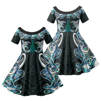 New Zealand Kotiate Weapon Family Matching Off The Shoulder Long Sleeve Dress and Hawaiian Shirt Aotearoa Mango Paua Shell Maori Pattern LT22 Daughter's Dress Blue - Polynesian Pride