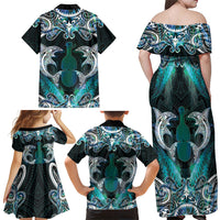New Zealand Kotiate Weapon Family Matching Off Shoulder Maxi Dress and Hawaiian Shirt Aotearoa Mango Paua Shell Maori Pattern LT22 Mom's Dress Blue - Polynesian Pride