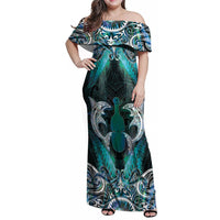 New Zealand Kotiate Weapon Family Matching Off Shoulder Maxi Dress and Hawaiian Shirt Aotearoa Mango Paua Shell Maori Pattern