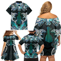 New Zealand Kotiate Weapon Family Matching Off Shoulder Short Dress and Hawaiian Shirt Aotearoa Mango Paua Shell Maori Pattern LT22 Mom's Dress Blue - Polynesian Pride