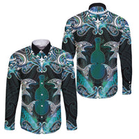 New Zealand Kotiate Weapon Family Matching Puletasi and Hawaiian Shirt Aotearoa Mango Paua Shell Maori Pattern LT22 Dad's Shirt - Long Sleeve Blue - Polynesian Pride