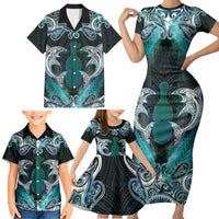 New Zealand Kotiate Weapon Family Matching Short Sleeve Bodycon Dress and Hawaiian Shirt Aotearoa Mango Paua Shell Maori Pattern LT22 - Polynesian Pride