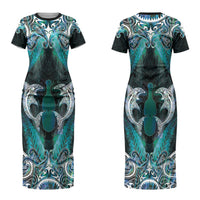 New Zealand Kotiate Weapon Family Matching Short Sleeve Bodycon Dress and Hawaiian Shirt Aotearoa Mango Paua Shell Maori Pattern LT22 Mom's Dress Blue - Polynesian Pride
