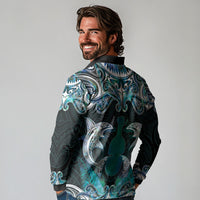 New Zealand Kotiate Weapon Long Sleeve Polo Shirt Aotearoa Mango Paua Shell Maori Pattern