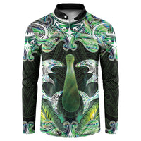 New Zealand Mere Pounamu Weapon Button Sweatshirt Aotearoa Mango Paua Shell Maori Pattern