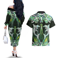 New Zealand Mere Pounamu Weapon Couples Matching Off The Shoulder Long Sleeve Dress and Hawaiian Shirt Aotearoa Mango Paua Shell Maori Pattern