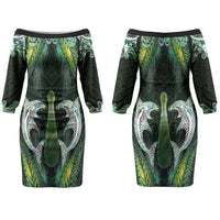 New Zealand Mere Pounamu Weapon Couples Matching Off The Shoulder Long Sleeve Dress and Hawaiian Shirt Aotearoa Mango Paua Shell Maori Pattern LT22 - Polynesian Pride