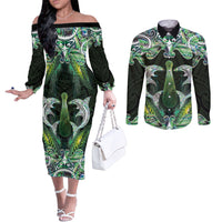 New Zealand Mere Pounamu Weapon Couples Matching Off The Shoulder Long Sleeve Dress and Long Sleeve Button Shirt Aotearoa Mango Paua Shell Maori Pattern