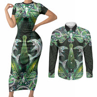 New Zealand Mere Pounamu Weapon Couples Matching Short Sleeve Bodycon Dress and Long Sleeve Button Shirt Aotearoa Mango Paua Shell Maori Pattern LT22 Green - Polynesian Pride