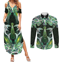 New Zealand Mere Pounamu Weapon Couples Matching Summer Maxi Dress and Long Sleeve Button Shirt Aotearoa Mango Paua Shell Maori Pattern