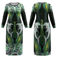 New Zealand Mere Pounamu Weapon Family Matching Long Sleeve Bodycon Dress and Hawaiian Shirt Aotearoa Mango Paua Shell Maori Pattern LT22 Mom's Dress Green - Polynesian Pride