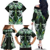 New Zealand Mere Pounamu Weapon Family Matching Off The Shoulder Long Sleeve Dress and Hawaiian Shirt Aotearoa Mango Paua Shell Maori Pattern LT22 Mom's Dress Green - Polynesian Pride