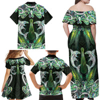 New Zealand Mere Pounamu Weapon Family Matching Off Shoulder Maxi Dress and Hawaiian Shirt Aotearoa Mango Paua Shell Maori Pattern LT22 Mom's Dress Green - Polynesian Pride