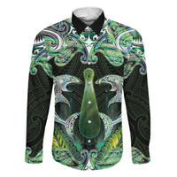 New Zealand Mere Pounamu Weapon Family Matching Off Shoulder Maxi Dress and Hawaiian Shirt Aotearoa Mango Paua Shell Maori Pattern LT22 Daughter's Dress Green - Polynesian Pride