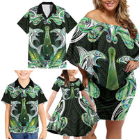 New Zealand Mere Pounamu Weapon Family Matching Off Shoulder Short Dress and Hawaiian Shirt Aotearoa Mango Paua Shell Maori Pattern LT22 - Polynesian Pride