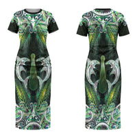 New Zealand Mere Pounamu Weapon Family Matching Short Sleeve Bodycon Dress and Hawaiian Shirt Aotearoa Mango Paua Shell Maori Pattern LT22 Mom's Dress Green - Polynesian Pride