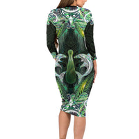 New Zealand Mere Pounamu Weapon Long Sleeve Bodycon Dress Aotearoa Mango Paua Shell Maori Pattern
