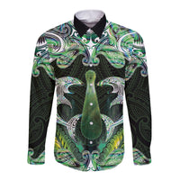 New Zealand Mere Pounamu Weapon Long Sleeve Button Shirt Aotearoa Mango Paua Shell Maori Pattern LT22 Unisex Green - Polynesian Pride