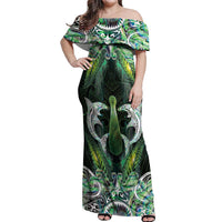 New Zealand Mere Pounamu Weapon Off Shoulder Maxi Dress Aotearoa Mango Paua Shell Maori Pattern LT22 Women Green - Polynesian Pride