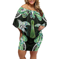 New Zealand Mere Pounamu Weapon Off Shoulder Short Dress Aotearoa Mango Paua Shell Maori Pattern LT22 Women Green - Polynesian Pride