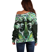 New Zealand Mere Pounamu Weapon Off Shoulder Sweater Aotearoa Mango Paua Shell Maori Pattern
