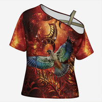 New Zealand Kea Bird Matariki Personalised Cross Shoulder Shirt Silver Fern Maori Pattern LT22 Female Orange - Polynesian Pride