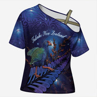 Takahe New Zealand Personalised Cross Shoulder Shirt Harakeke Silver Fern Maori Pattern LT22 Female Blue - Polynesian Pride