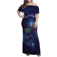 Takahe New Zealand Personalised Family Matching Off Shoulder Maxi Dress and Hawaiian Shirt Harakeke Silver Fern Maori Pattern