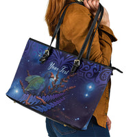 Takahe New Zealand Personalised Leather Tote Bag Harakeke Silver Fern Maori Pattern LT22 - Polynesian Pride