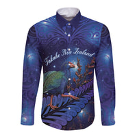Takahe New Zealand Personalised Long Sleeve Button Shirt Harakeke Silver Fern Maori Pattern LT22 Unisex Blue - Polynesian Pride