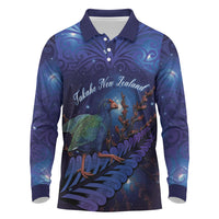 Takahe New Zealand Personalised Long Sleeve Polo Shirt Harakeke Silver Fern Maori Pattern LT22 Blue - Polynesian Pride