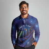 Takahe New Zealand Personalised Long Sleeve Polo Shirt Harakeke Silver Fern Maori Pattern LT22 - Polynesian Pride