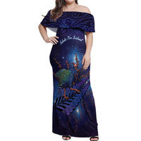 Takahe New Zealand Personalised Off Shoulder Maxi Dress Harakeke Silver Fern Maori Pattern LT22 Women Blue - Polynesian Pride