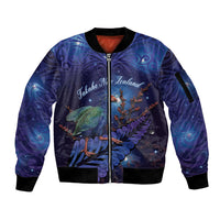 Takahe New Zealand Personalised Sleeve Zip Bomber Jacket Harakeke Silver Fern Maori Pattern LT22 Unisex Blue - Polynesian Pride