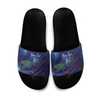 Takahe New Zealand Personalised Slide Sandals Harakeke Silver Fern Maori Pattern LT22 Blue - Polynesian Pride