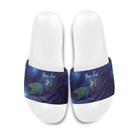 Takahe New Zealand Personalised Slide Sandals Harakeke Silver Fern Maori Pattern LT22 Blue - Polynesian Pride