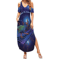 Takahe New Zealand Personalised Summer Maxi Dress Harakeke Silver Fern Maori Pattern LT22 Women Blue - Polynesian Pride