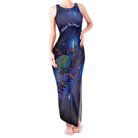 Takahe New Zealand Personalised Tank Maxi Dress Harakeke Silver Fern Maori Pattern LT22 Women Blue - Polynesian Pride