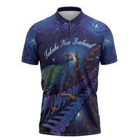 Takahe New Zealand Personalised Zipper Polo Shirt Harakeke Silver Fern Maori Pattern