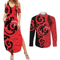 New Zealand Matariki Couples Matching Summer Maxi Dress and Long Sleeve Button Shirt Maori New Year Koru Pattern LT22 Red - Polynesian Pride