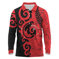 New Zealand Matariki Long Sleeve Polo Shirt Maori New Year Koru Pattern LT22 Red - Polynesian Pride