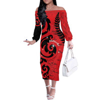 New Zealand Matariki Off The Shoulder Long Sleeve Dress Maori New Year Koru Pattern LT22 Women Red - Polynesian Pride