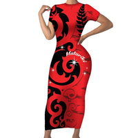 New Zealand Matariki Short Sleeve Bodycon Dress Maori New Year Koru Pattern LT22 Long Dress Red - Polynesian Pride