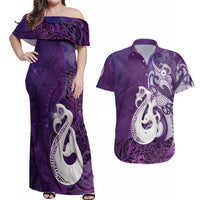 New Zealand Matariki Couples Matching Off Shoulder Maxi Dress and Hawaiian Shirt Maori Manaia Galaxy Silver Fern Purple Color