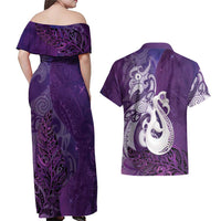 New Zealand Matariki Couples Matching Off Shoulder Maxi Dress and Hawaiian Shirt Maori Manaia Galaxy Silver Fern Purple Color