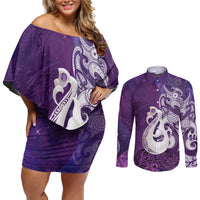 New Zealand Matariki Couples Matching Off Shoulder Short Dress and Long Sleeve Button Shirt Maori Manaia Galaxy Silver Fern Purple Color