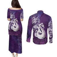 New Zealand Matariki Couples Matching Puletasi and Long Sleeve Button Shirt Maori Manaia Galaxy Silver Fern Purple Color