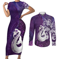 New Zealand Matariki Couples Matching Short Sleeve Bodycon Dress and Long Sleeve Button Shirt Maori Manaia Galaxy Silver Fern Purple Color